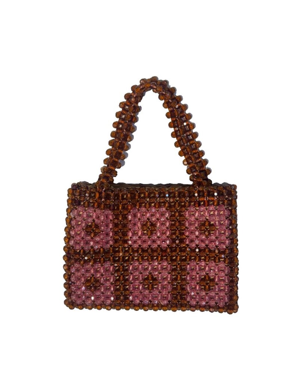 Handmade Y2K Granny Square Beaded Bag - Crystal Pink & Brown Shoulder Purse